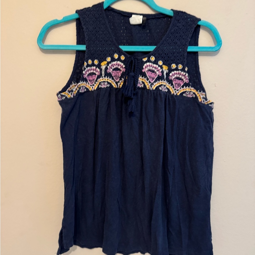 Anthro Embroidered Navy Sleeveless Top